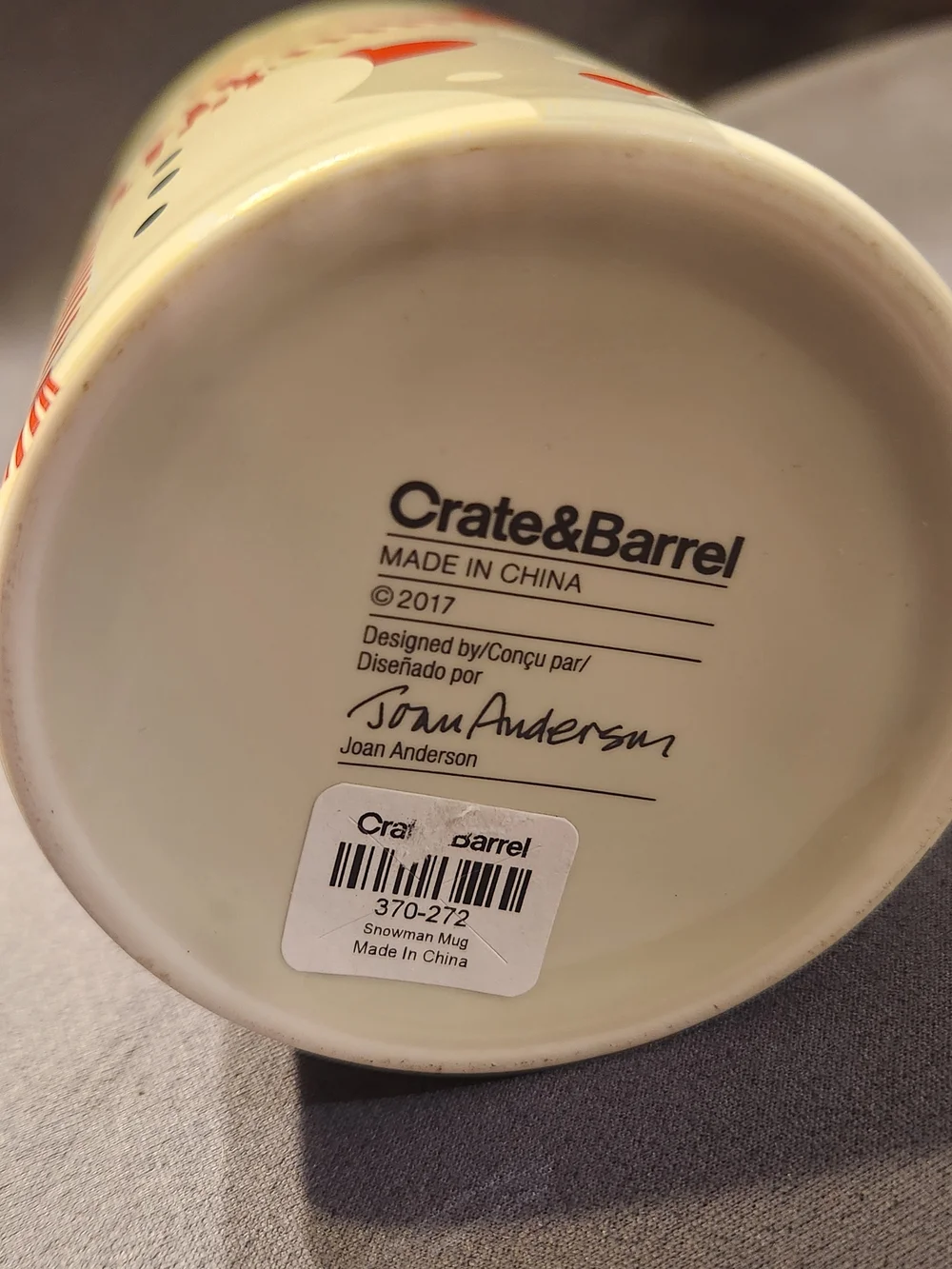 Crate & Barrel Joan Anderson Mug 2017 White Snowman Holiday 14 oz